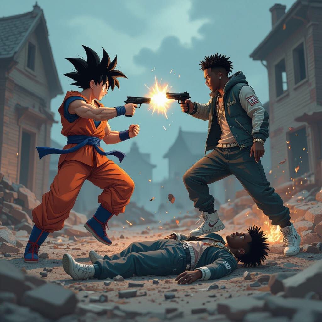 Epic Battle Scene with Manga and Urban Influences