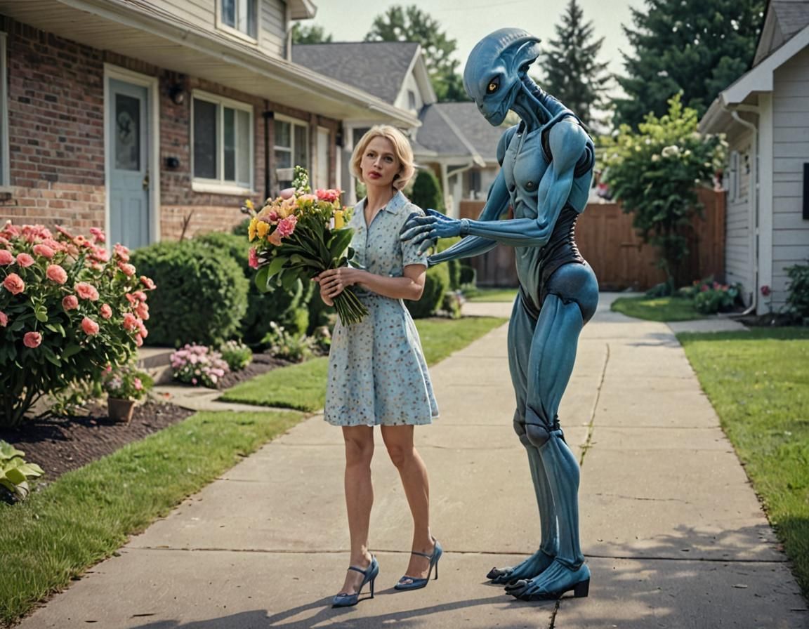 Blue Alien Offers Flowers: Cinematic Film Still