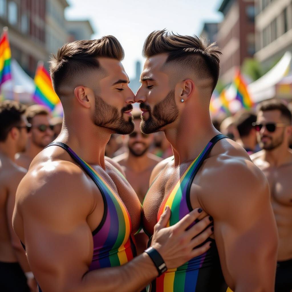 Muscular Men Kissing at Gay Pride Event