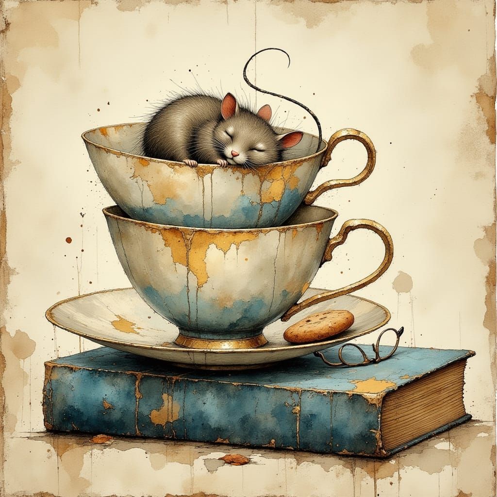 Whimsical Mouse Sleeps in Teacups on Book