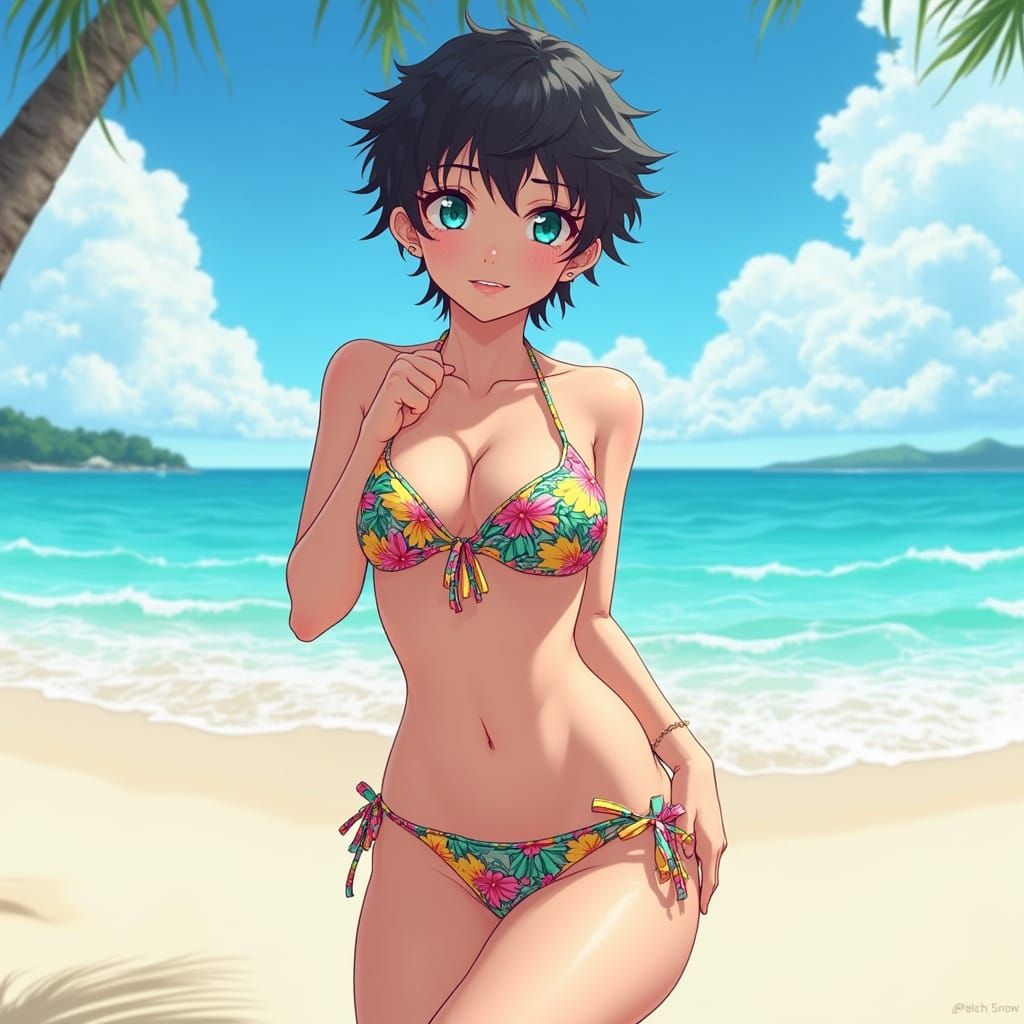 Nobara Kugisaki in Tropical Bikini on Sunny Beach