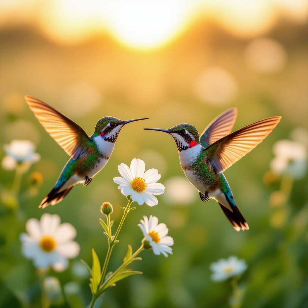 Two Hummingbirds Near White Flowers in Sun-Drenched Meadow