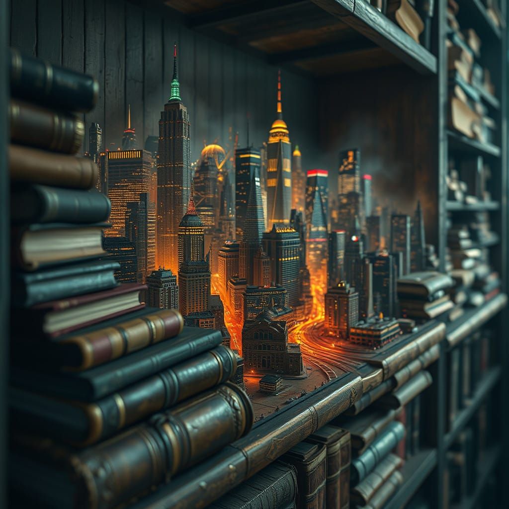 Glowing Metropolis on Dusty Bookshelf in Vibrant Oil Paintin...