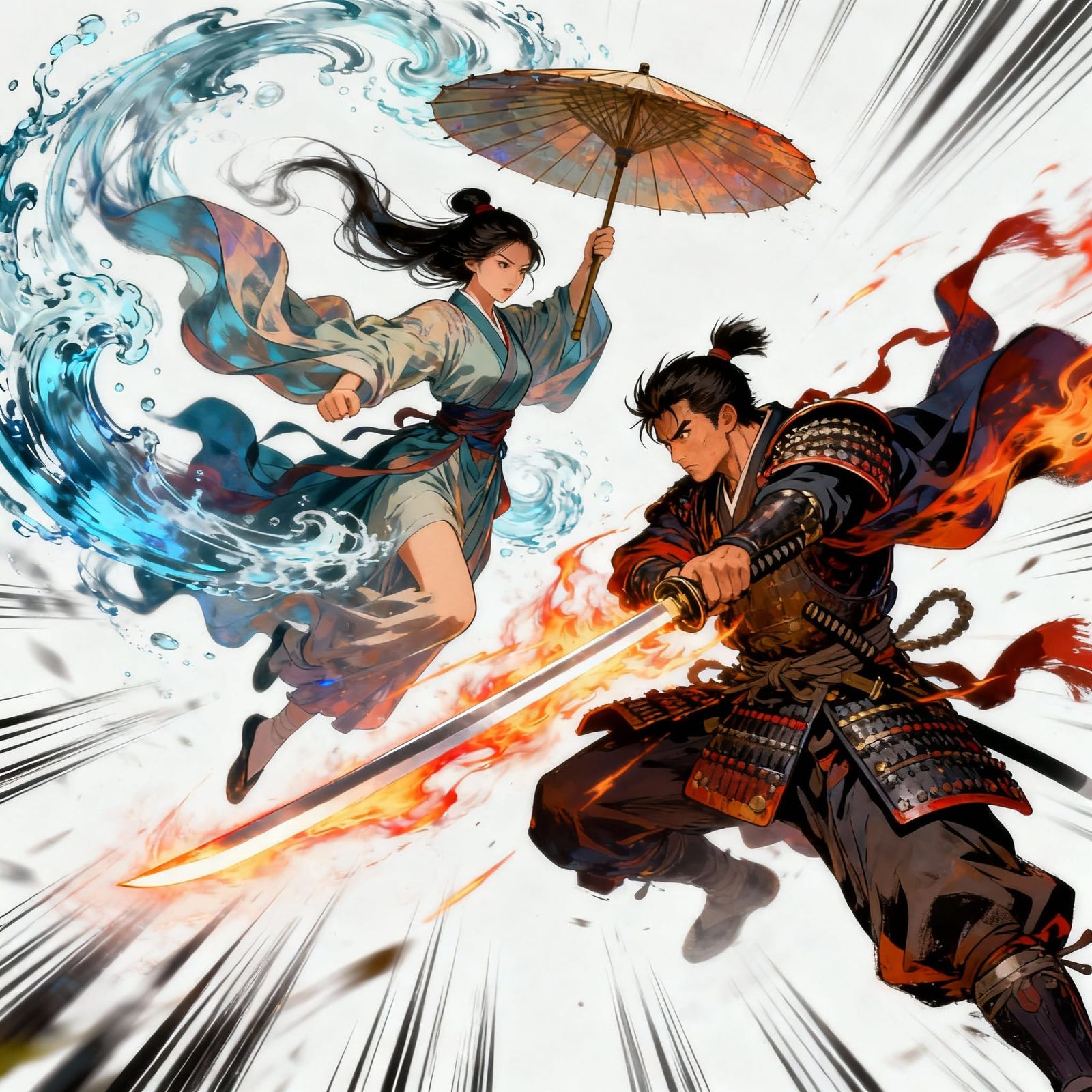 Wuxia Manga Style: Elemental Clash of Umbrella Woman and Sam...