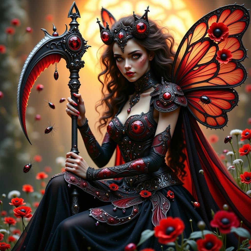 Dark Fantasy Ladybug Queen with Intricate Armor and Wings