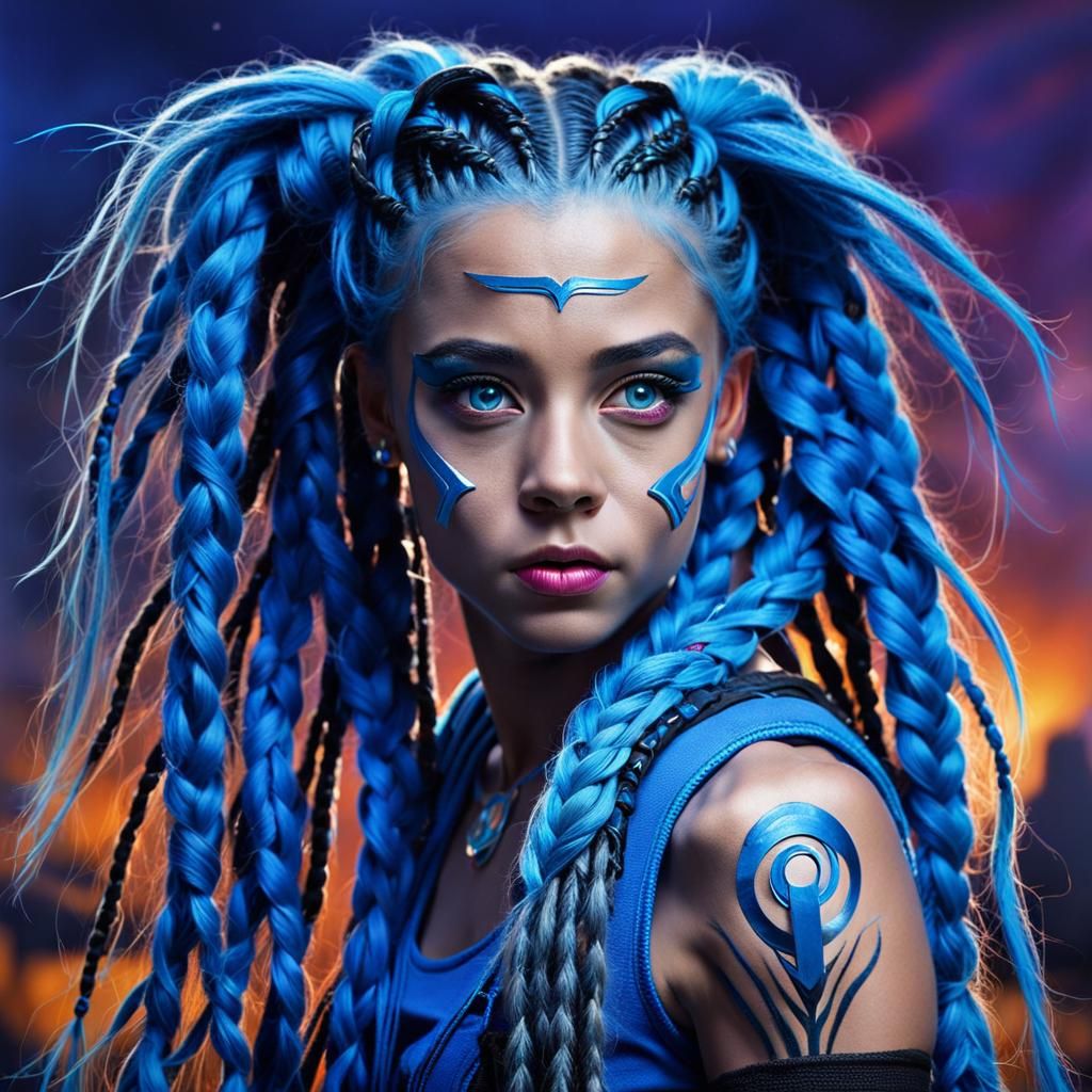Female Superhero with Blue Dreads and Animal Morphing