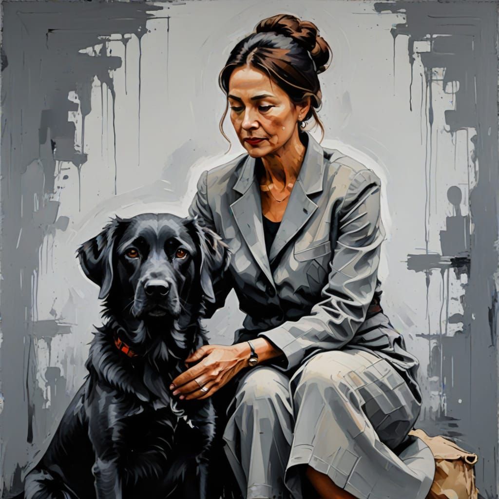 Abstract Grey Oil Painting of Woman and Dog