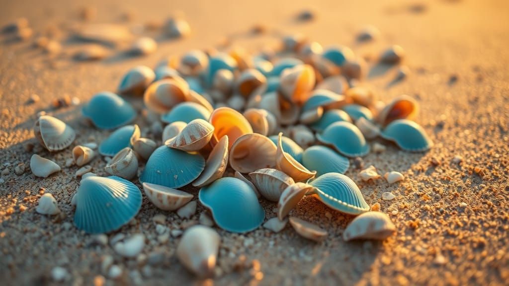 Turquoise Clam Shells on Beach in Macro Photography
