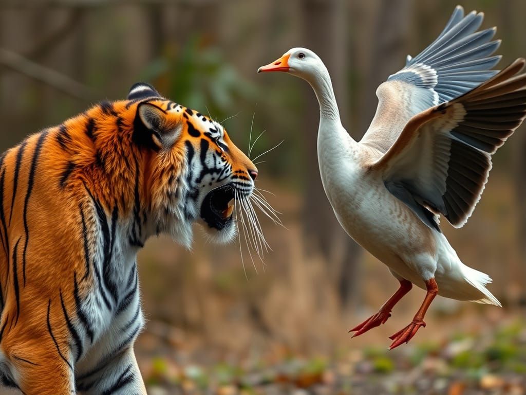 Fierce Fowl Confronts Frightened Tiger in Unlikely Standoff