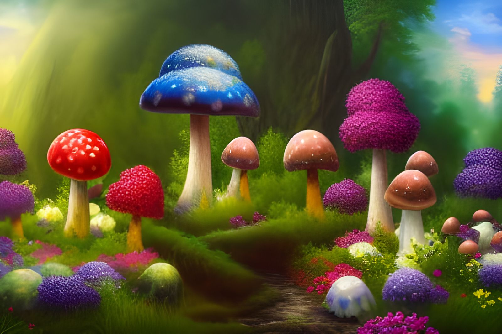 Magical Garden with Toadstools in Fantasy Painting Style