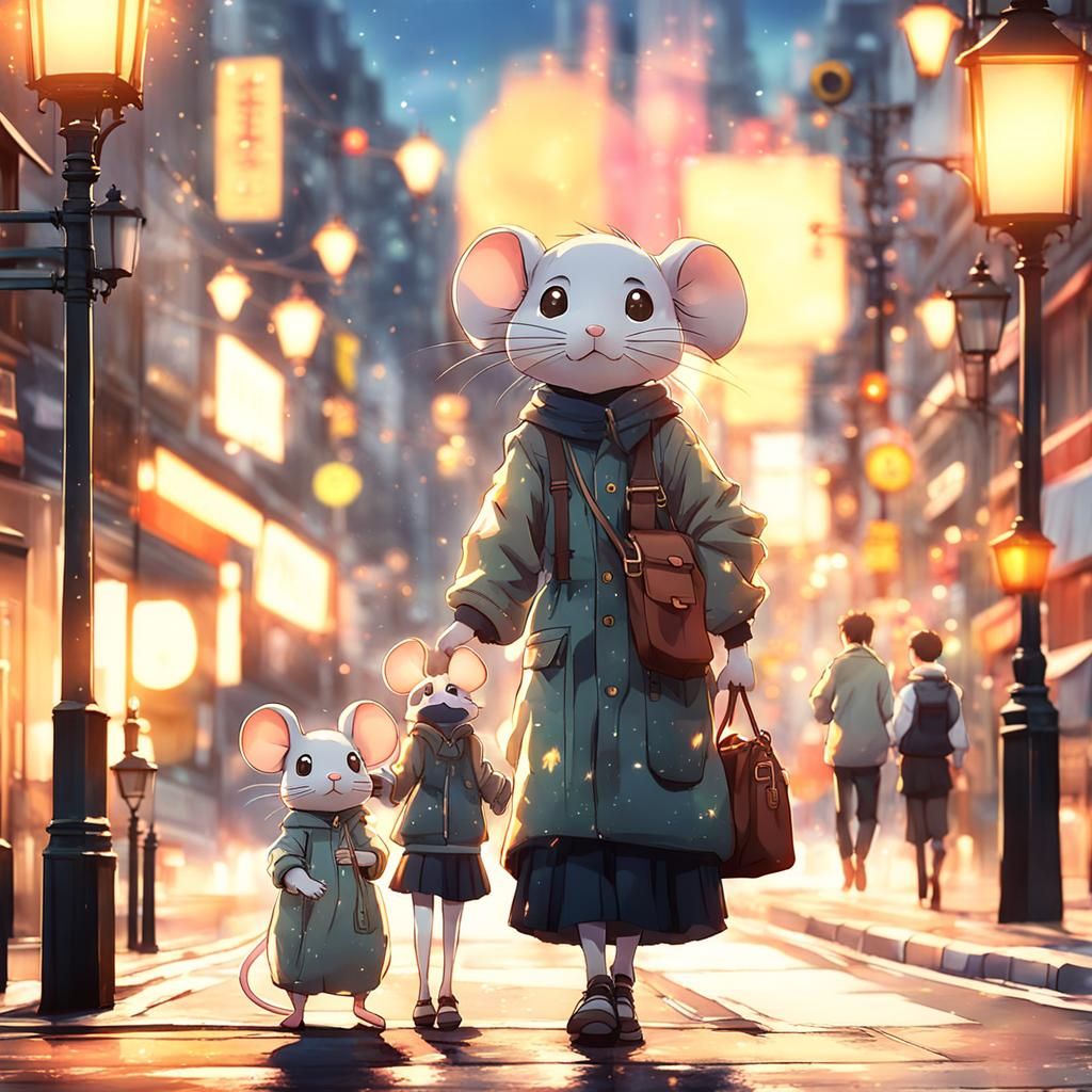 Mouse Family Crossing Street in Whimsical Anime Style