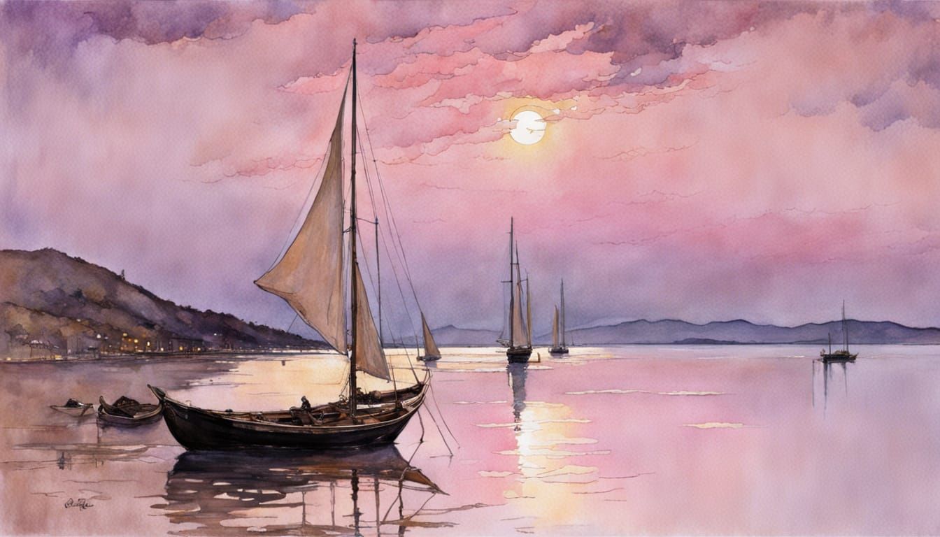 Summer Night Beach Scene in Pastel Mixed Media