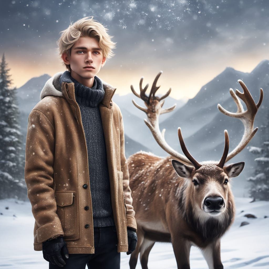 Boy and Reindeer in Snowy Fantasy Landscape