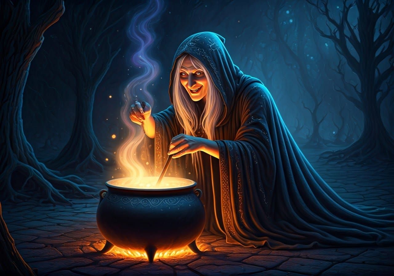 Mystical Witch Cackling Over Bubbling Cauldron