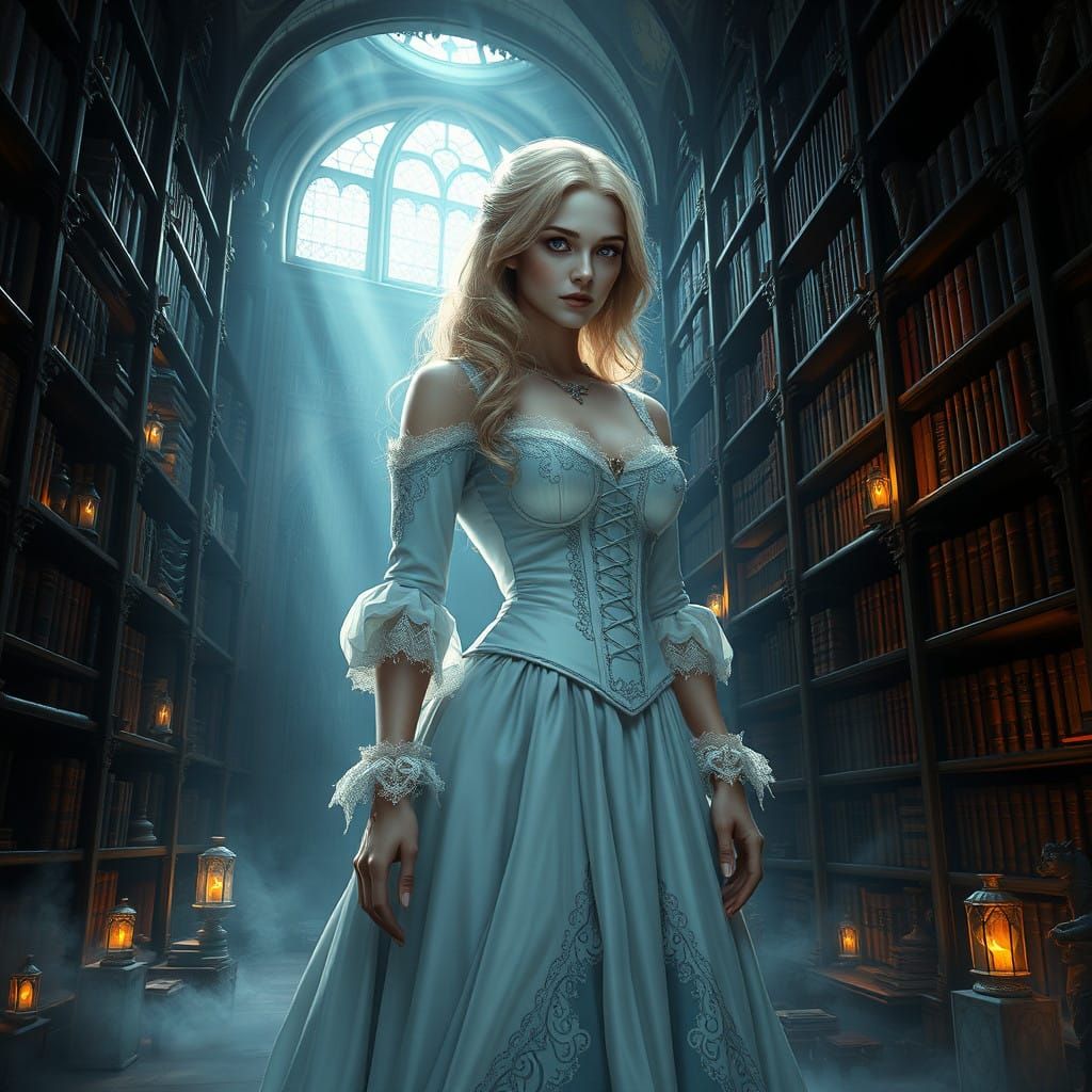 Ethereal Gothic Woman in Victorian-Inspired Gown, Surrounded...