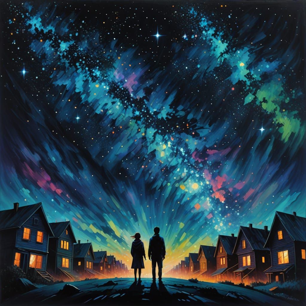 Surreal Starlit Night Scene in Vibrant Oil Painting