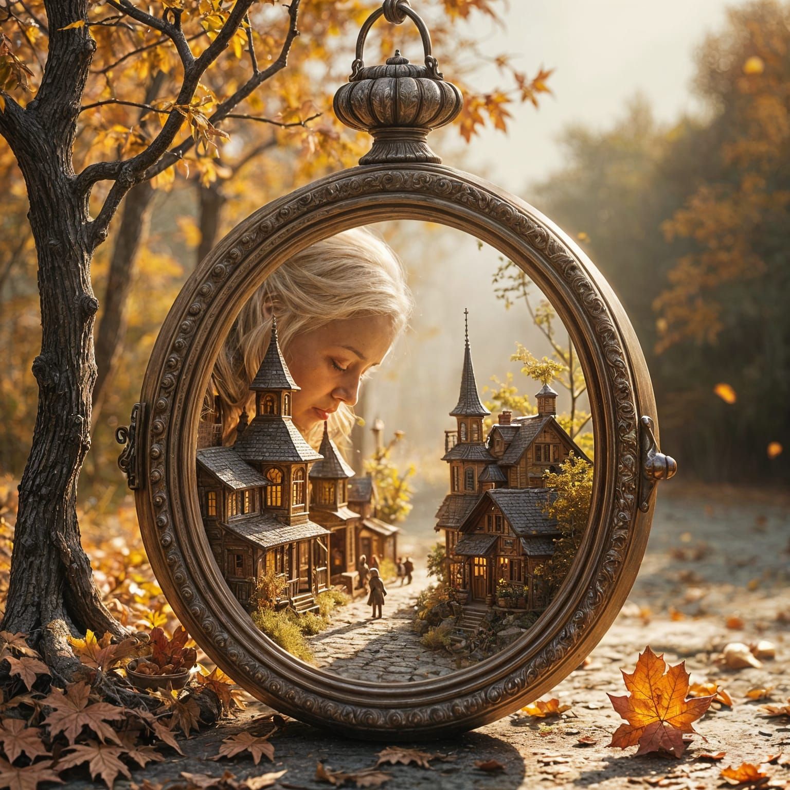 Elderly Woman's Dream: Miniature Autumn Village in Locket