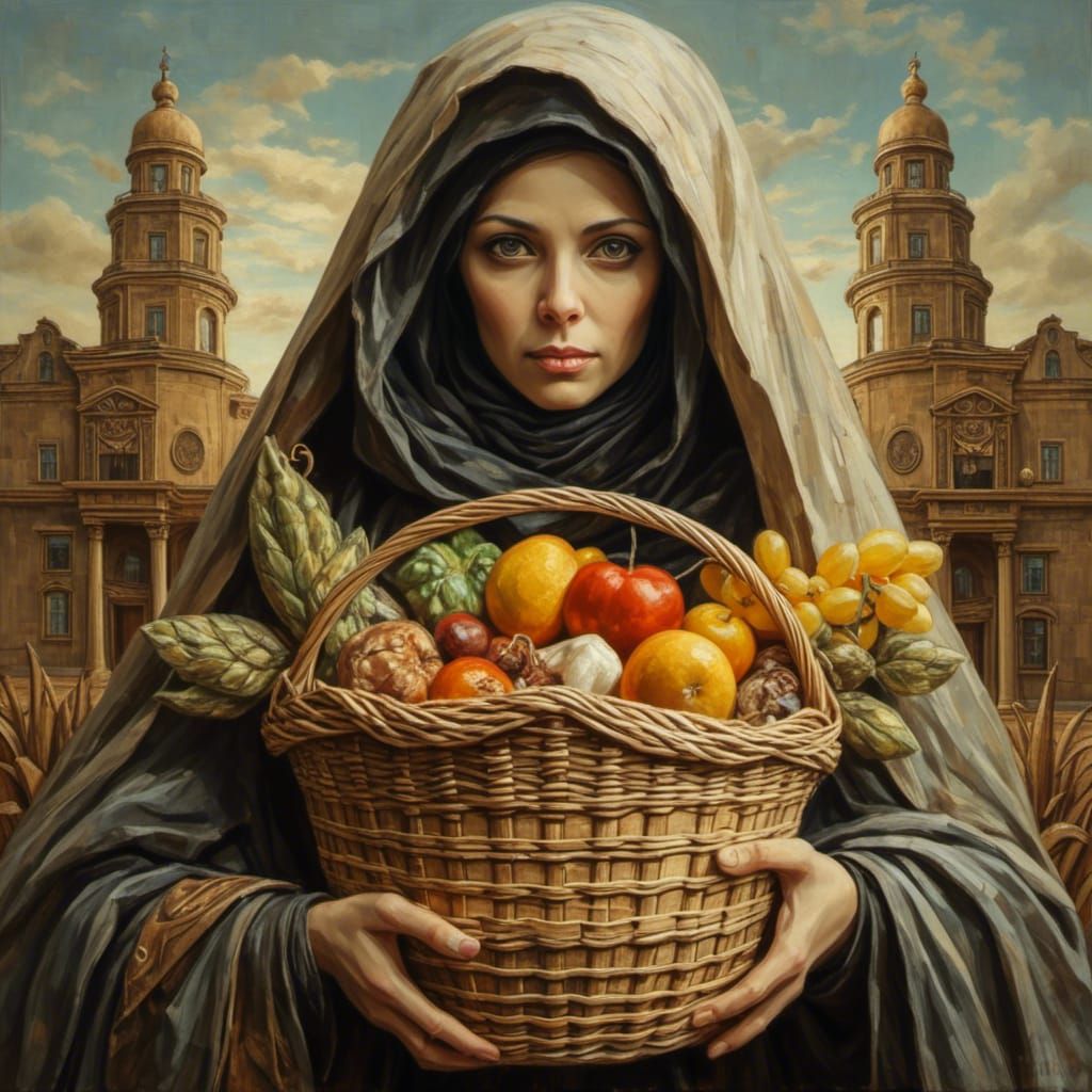 Woman in Hooded Cloak Portrait with Food Basket