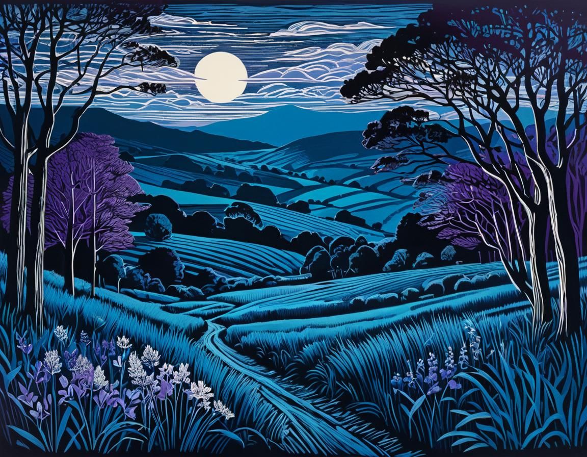 Night Blue Landscape as Hand-Colored Linoprint