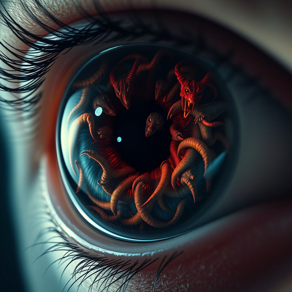 Demonic Realm Reflected in Hyperrealistic Eye