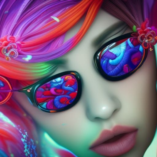 Woman with Rainbow Flower Eyeglasses in 3D
