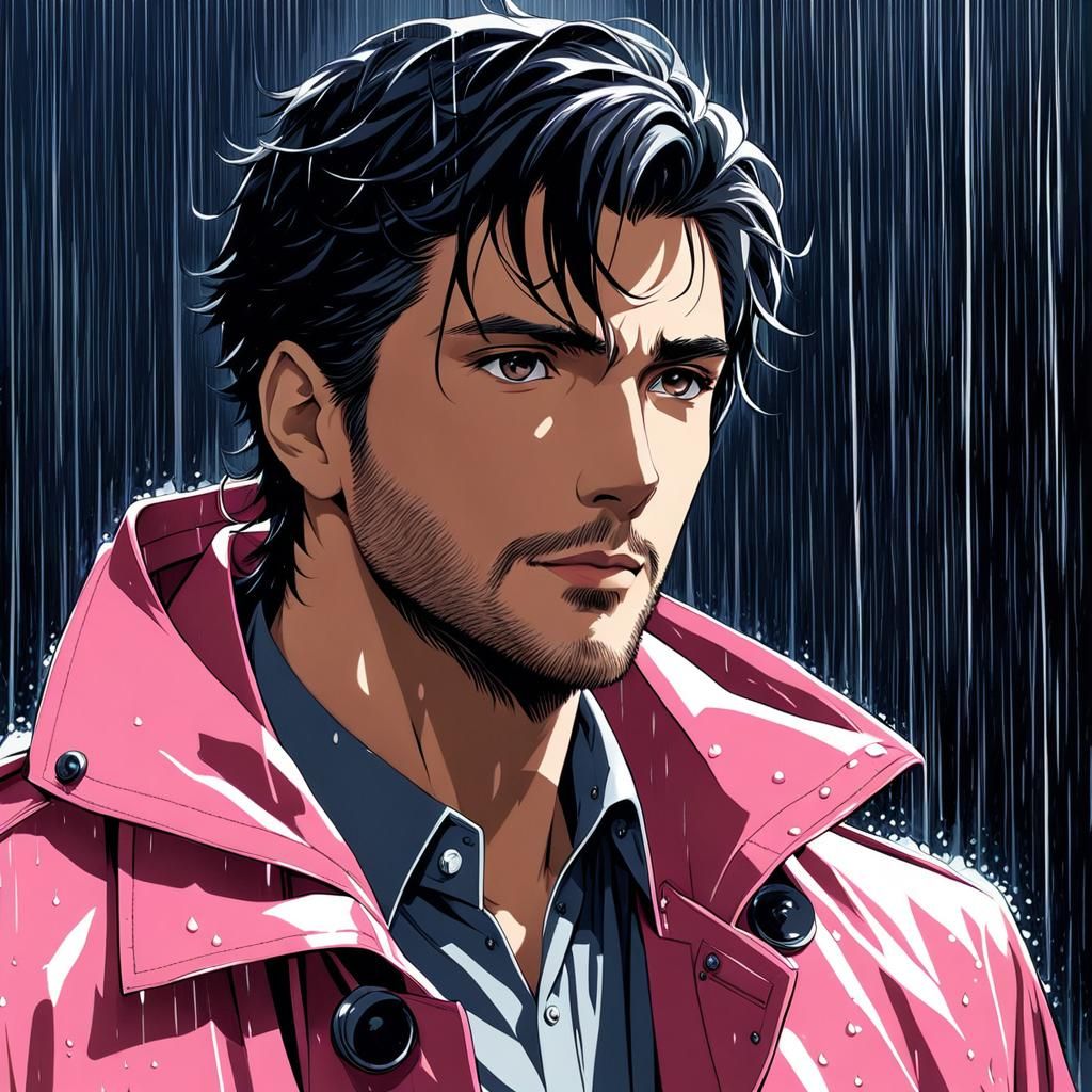 Anime Portrait of Italian Man in Pink Raincoat