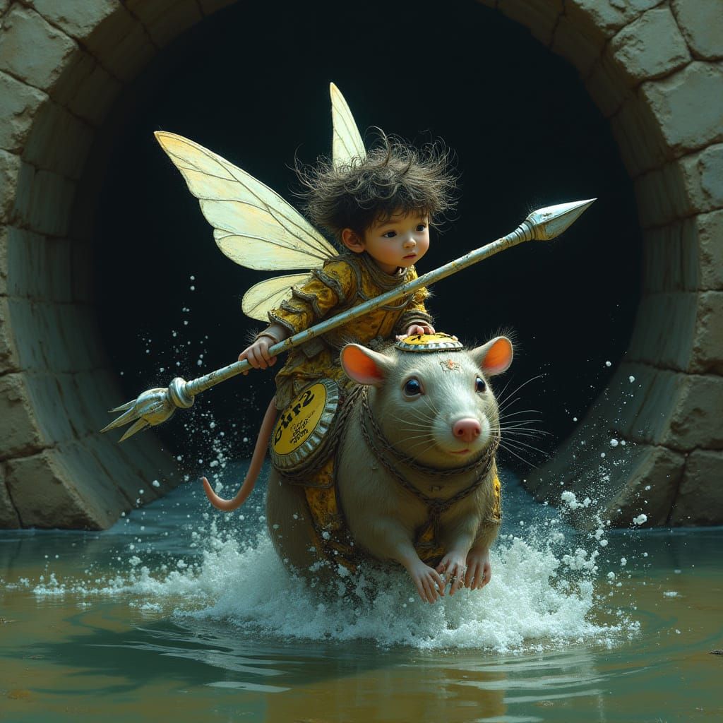 Fairy Rides Rat in Sewer: Dystopian Matte Painting