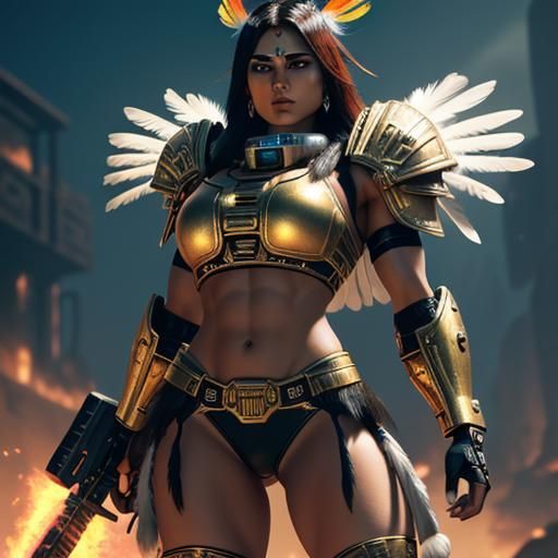 Aztec Warrior Woman in Cyberpunk Armor