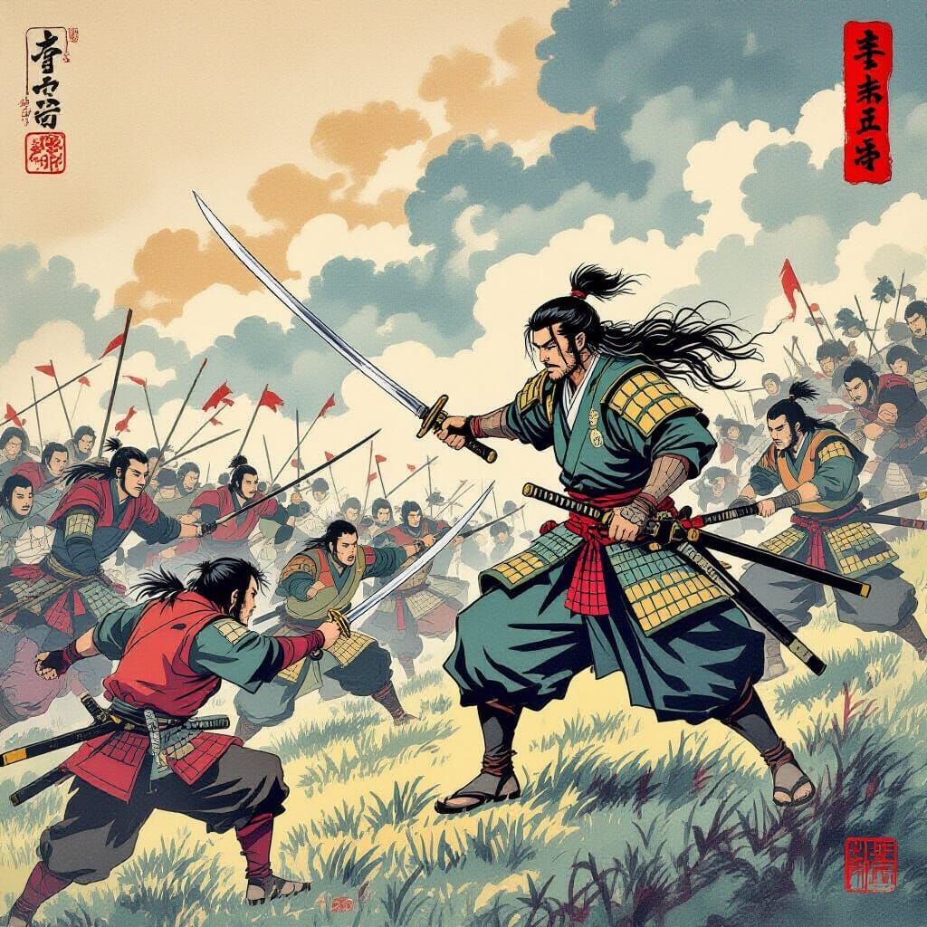 Ukiyo-e Style Battle: Rohan Riders vs. Goblins with Aragorn