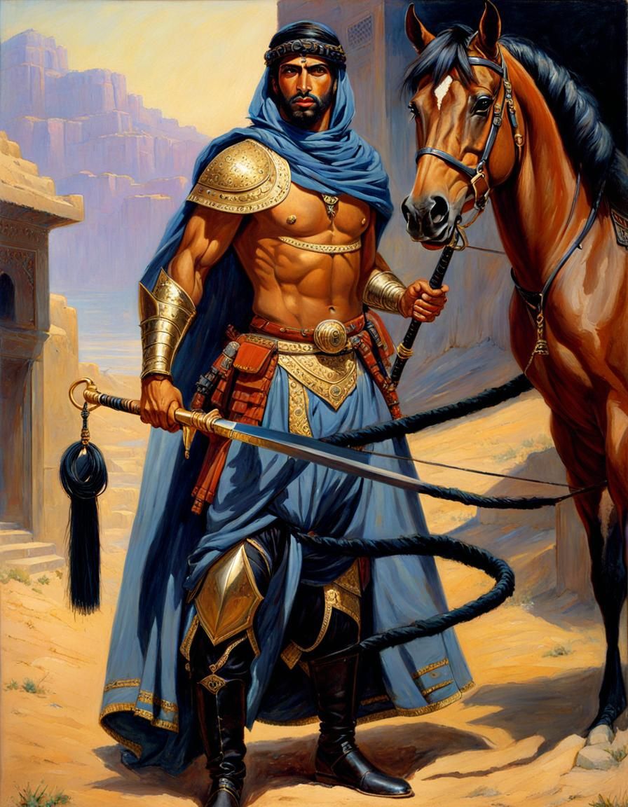 Arabian Warrior on Black Horse: Oil Painting
