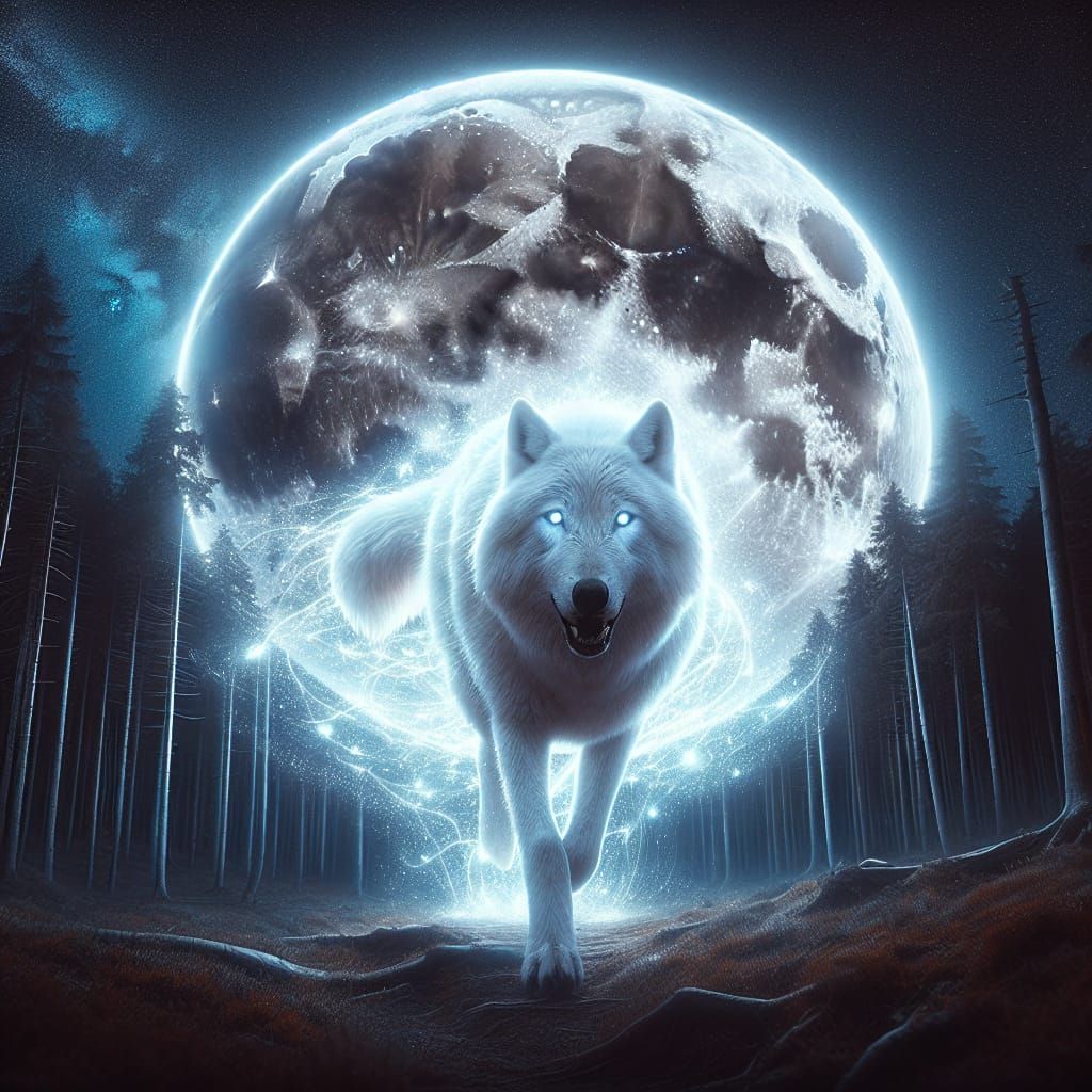 Ethereal Wolf Runs Under Starlit Sky with Full Moon