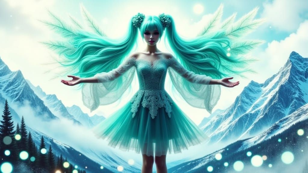 Hatsune Miku Embracing Nature's Grandeur in Vibrant Double E...