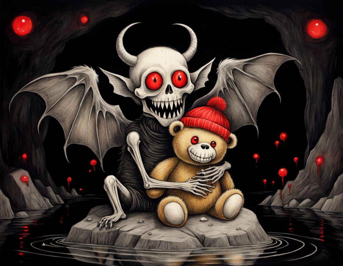 Cute Horror Monster Hugs Teddy Bear in Dark Cavern