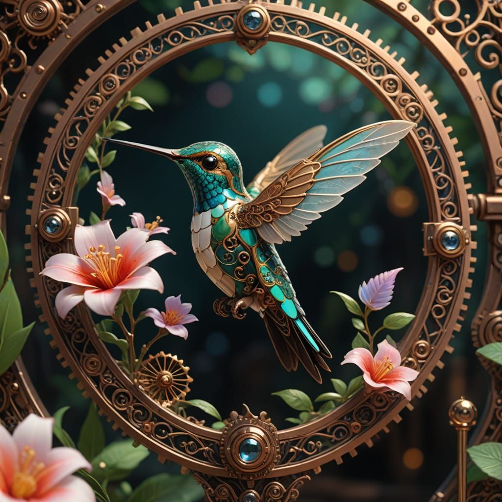 Steampunk Hummingbird Sips Nectar from an Iridescent Flower ...