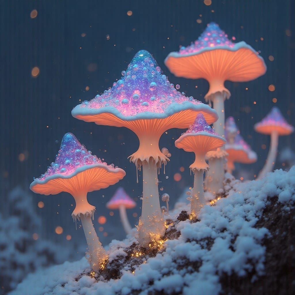Whimsical Winter Wonderland with Iridescent Mushrooms