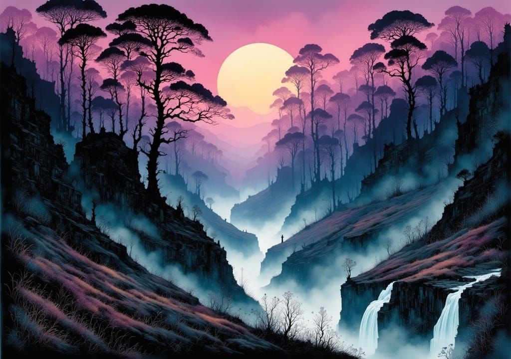 Mystical Waterfall Scene in Dreamy Landscape Style