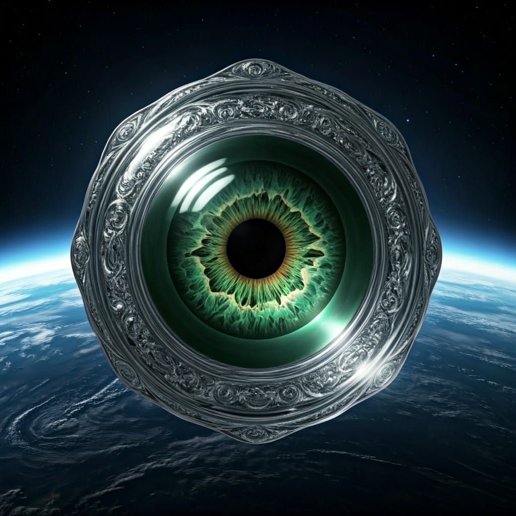 Ethereal Alien Eye Suspended Above the Earth in Glass Orb