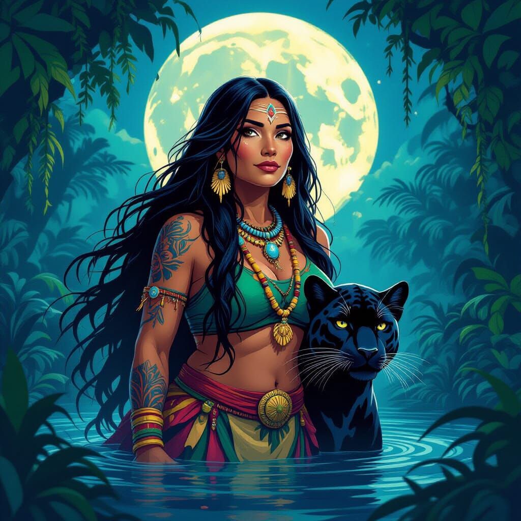 Shaman Shapeshifting into Jaguar in a Moonlit Jungle