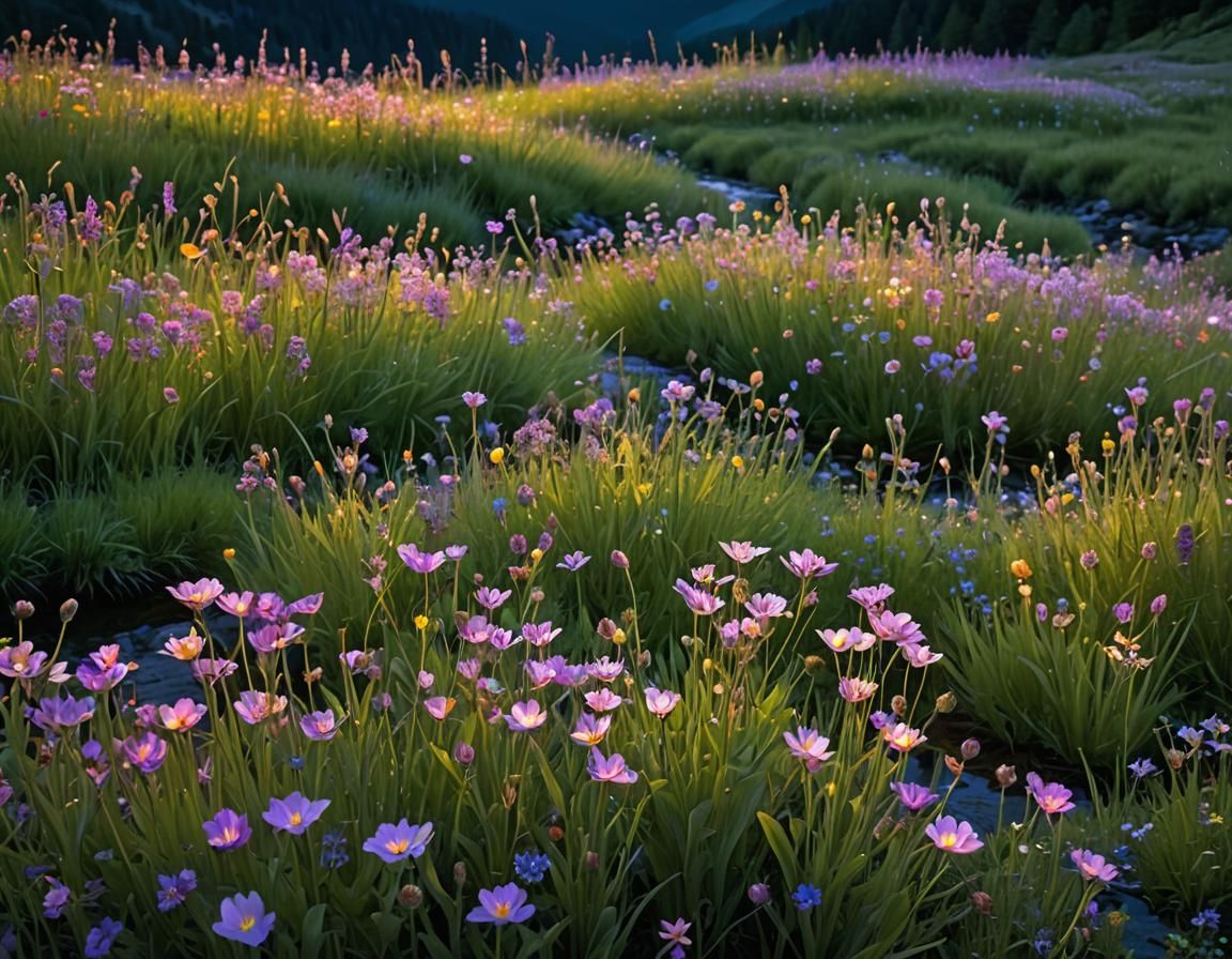 Glowing Iridescent Flowers in Mountain Meadow at Night