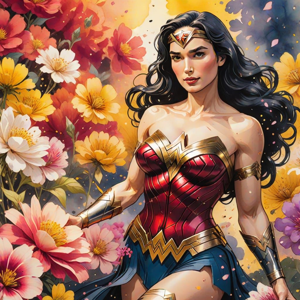 Wonder Woman Surrounded by Flowers in Ink Painting