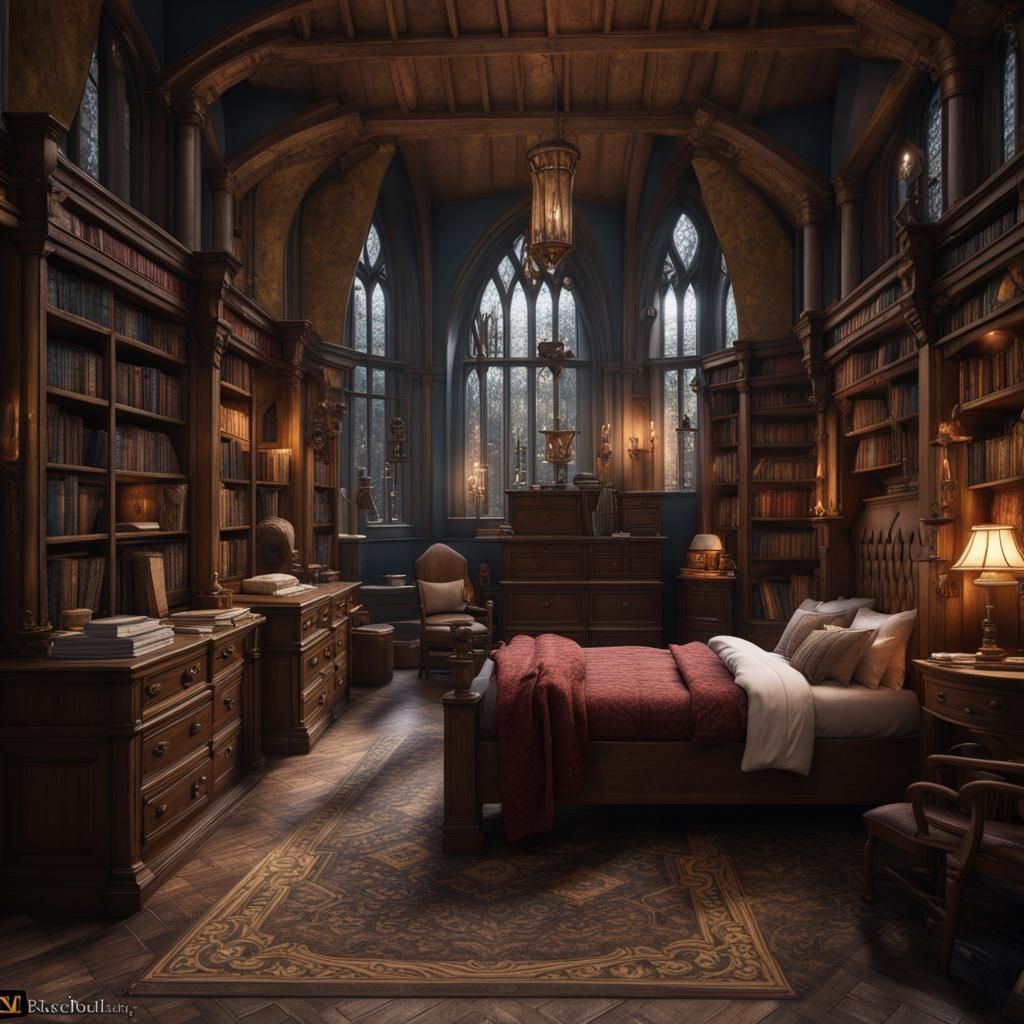 Detailed Hogwarts Bedroom in Matte Painting Style