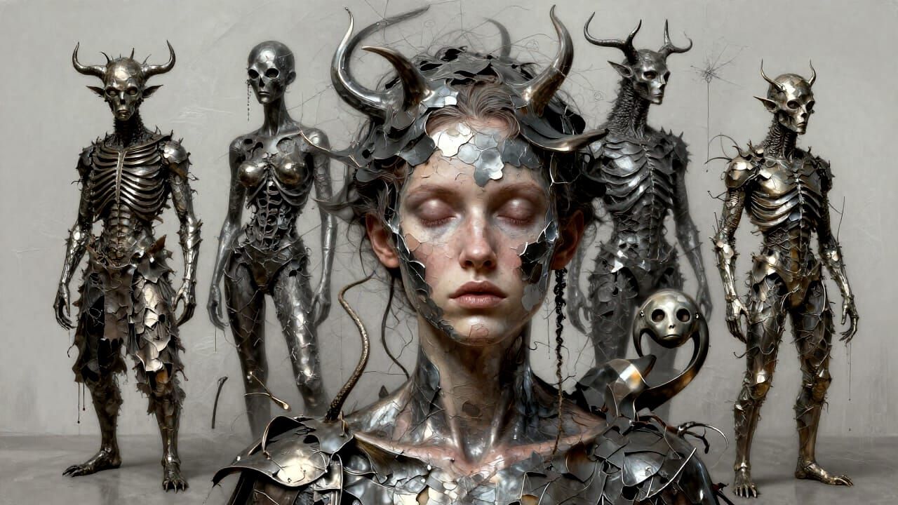 Surreal Fantasy Creatures with Metallic Finish and Impasto T...