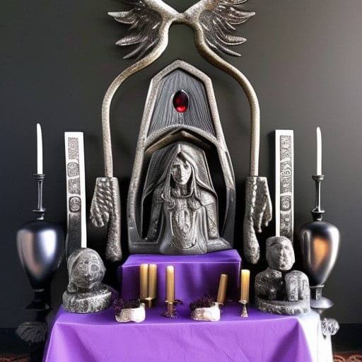 Hecate worship altar with Hecate statue made of obsidian accents with Silver& offerings to The goddess Hecate& lavender ...