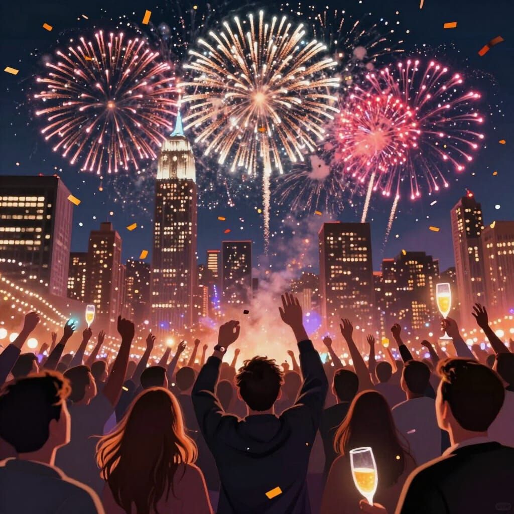 Vibrant New Year's Eve Fireworks Over City