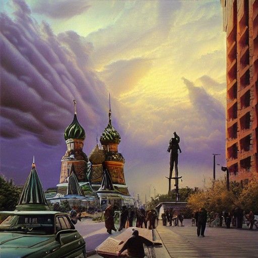 Hyperrealistic Alien Invasion of Moscow: Oil Painting
