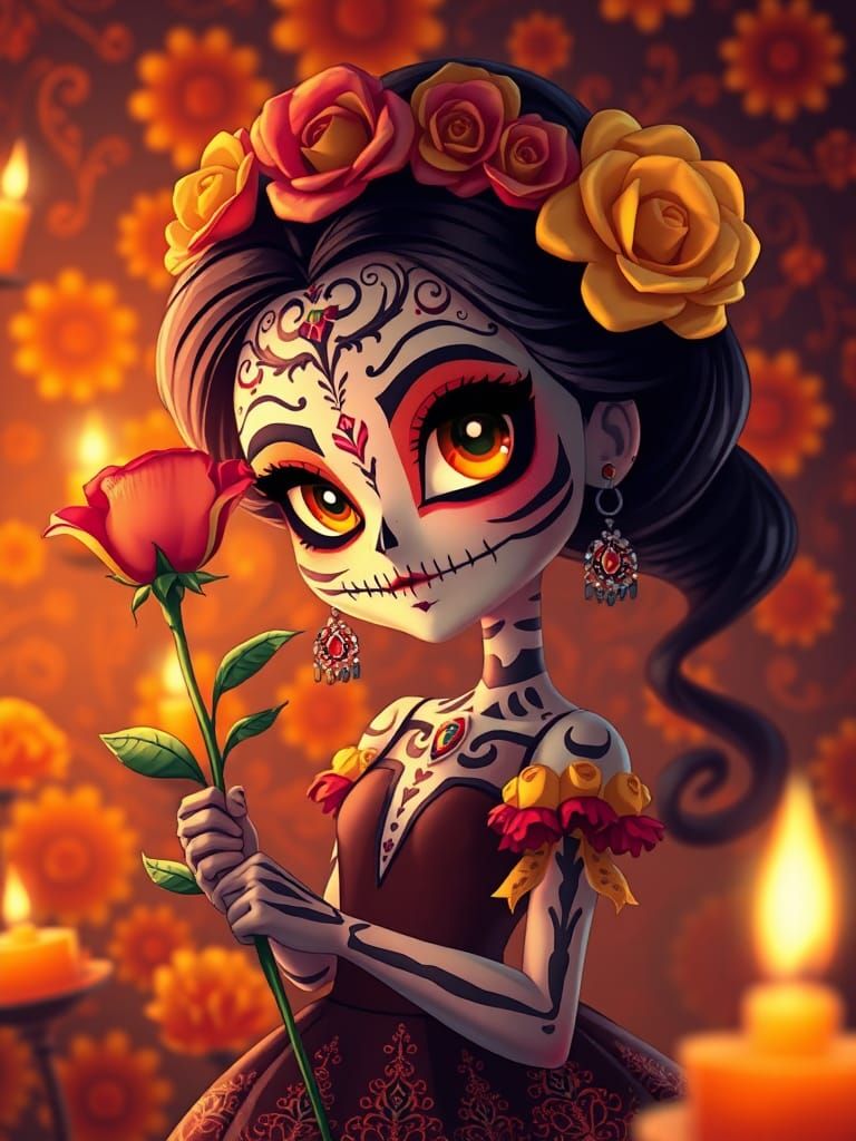 Day of the Dead Princess with Rose, Pixar Style