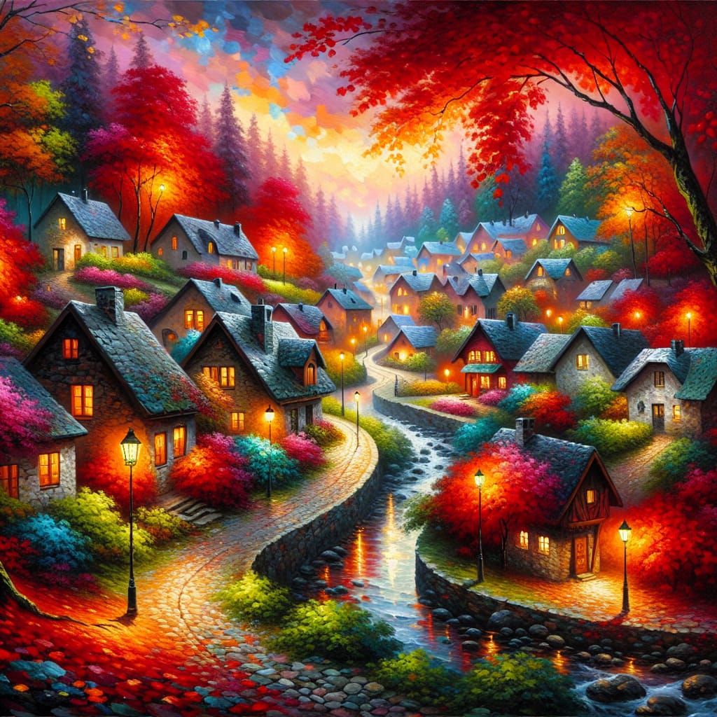 A quiet village nestled in a valley during peak autumn,