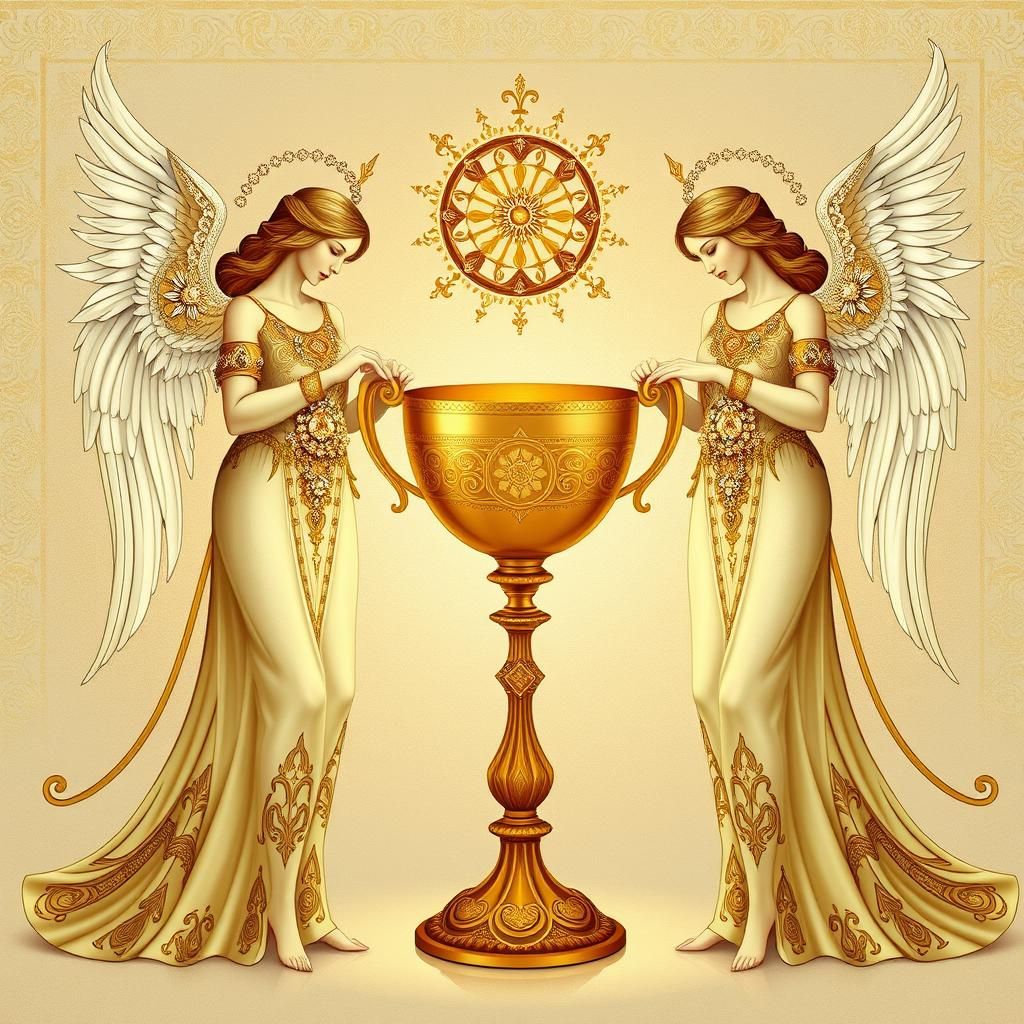 two beautiful female guardian angels guarding the golden cha...