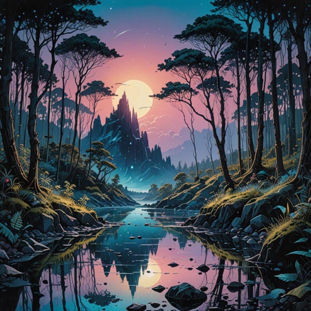 Ethereal Crystal Forest at Dusk in Vibrant Iridescent Hues