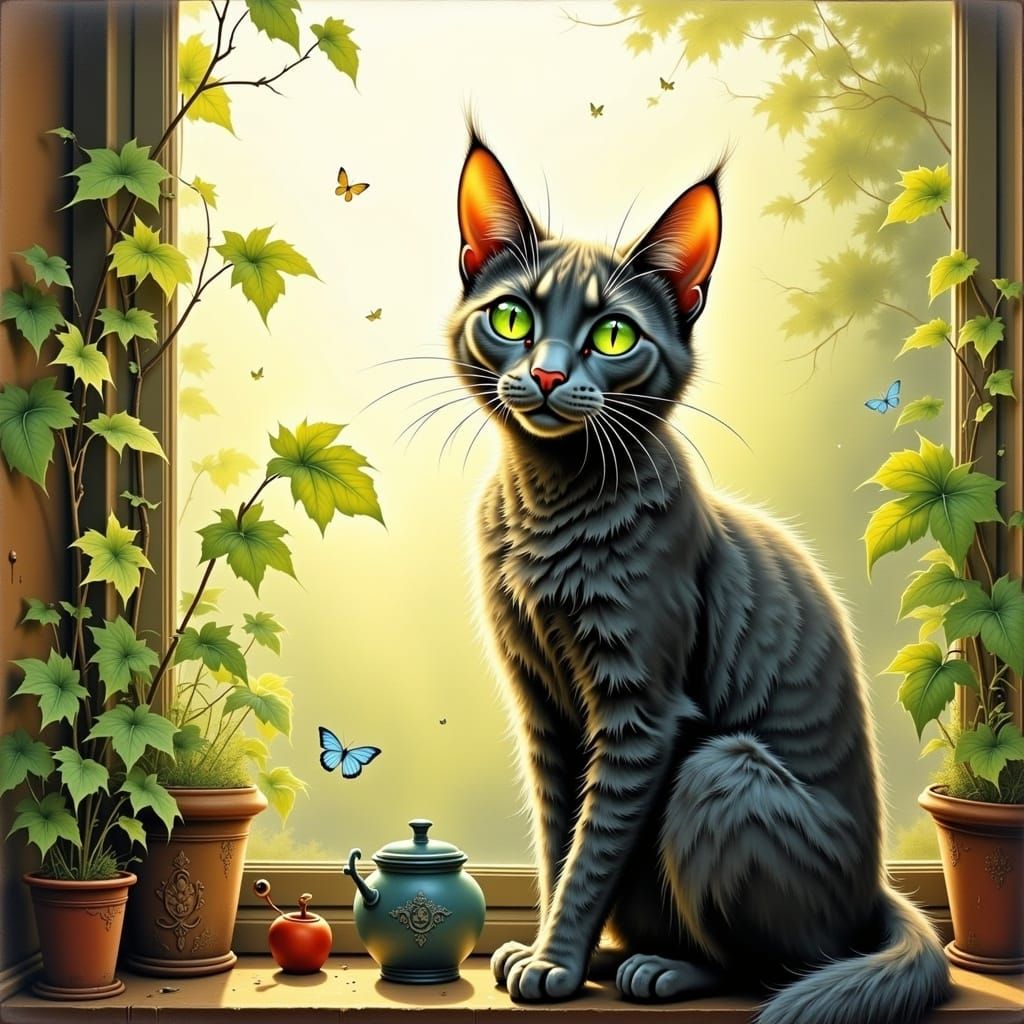 Watercolor Cat in Sunlight, Botanical Window